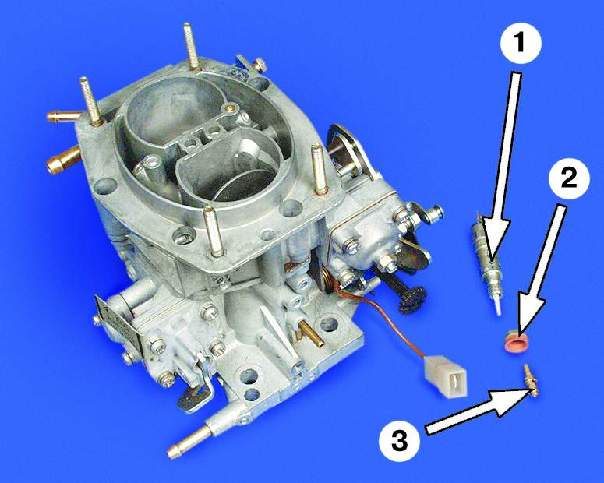 Предупреждение Не отворачивайте без крайней необходимости винты крепления воздушной и дроссельных заслонок и не снимайте заслонки – их смещение может привести к заеданию. Не вынимайте запрессованные в корпус латунные трубки. 1 – электромагнитный клапан 2 – уплотнительное кольцо 3 – топливный жиклер холостого хода 1 - эмульсионная трубка 2 - главный воздушный жиклер