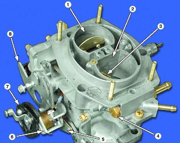 11.3.2. Разборка карбюратора Карбюратор (вид справа): 1 - первая камера 2 - вторая камера 3 - распылитель ускорительного насоса 4 - пробка фильтра карбюратора 5 - рычаг привода дроссельной заслонки второй камеры 6 - рычаг привода дроссельных заслонок 7 - сектор привода дроссельных заслонок 8 - рычаг привода воздушной заслонки